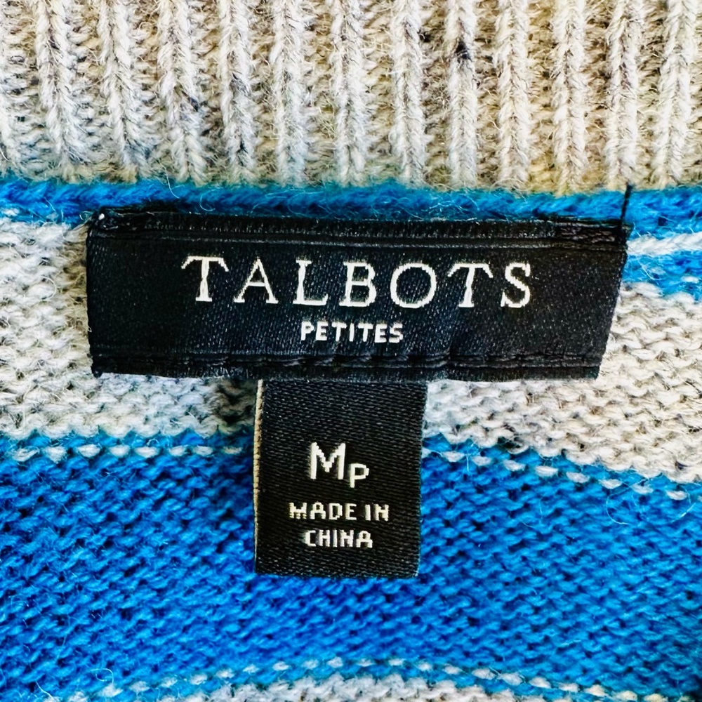 EUC Talbots Petite Grey & Blue Striped Sheep Intarsia Crew Neckline Sweater - Picture 12 of 13